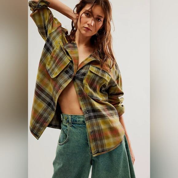 Free People Tops - New Izzy Cargo Shirt checkered Olive Combo Free People szS small flannel plaid